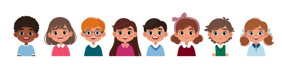 A set of Cheerful, Happy school kids portraits. Vector illustration in cartoon flat style