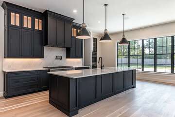 Modern minimalist kitchen with matte black cabinets, marble countertop, and hanging pendant lights, clean and uncluttered.
