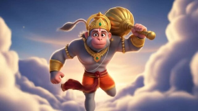 animated depiction of a mythological monkey warrior flying dynamically through the clouds with a golden mace in hand