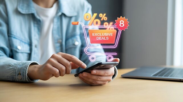 Person using smartphone with exclusive deals shopping cart overlayed