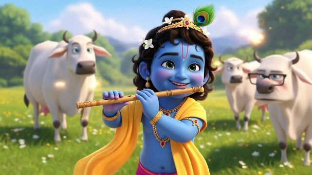 Animated baby krishna playing flute surrounded by cows in a vibrant green meadow with magical sparkles