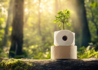 Eco-Friendly Symbol: A conceptual image features a toilet paper roll with a fresh plant, set in a sun-dappled forest setting, representing eco-consciousness and sustainable living.