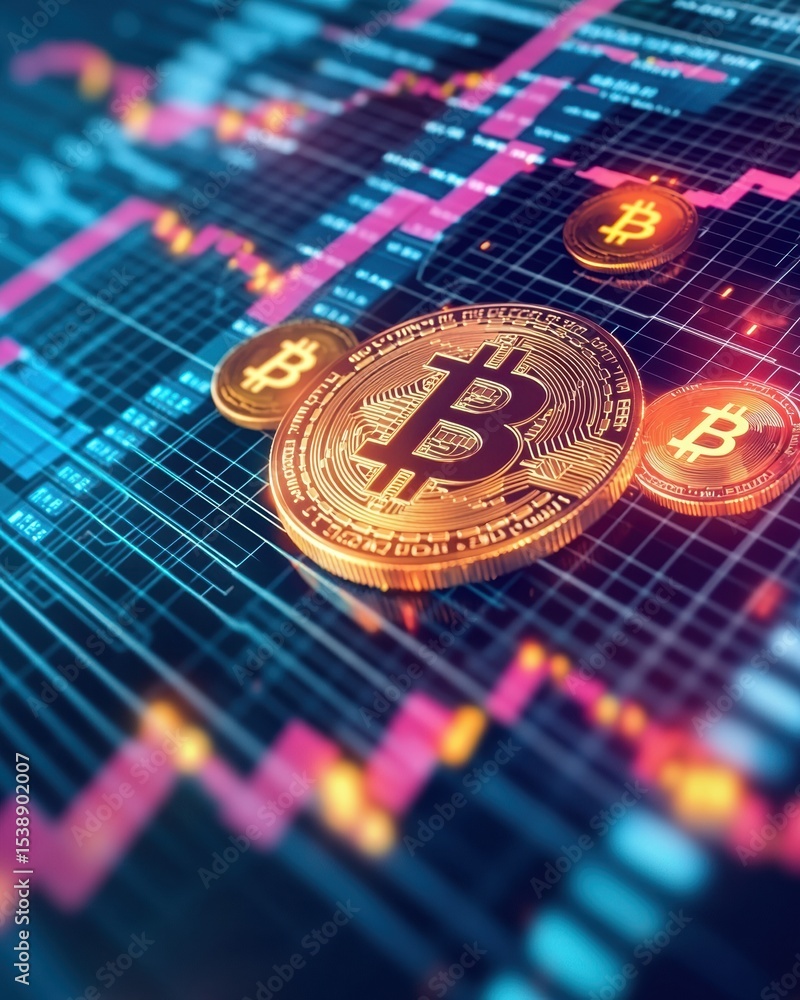Poster fintech, finance and startup digital representation of bitcoin with price graph and coins on a vibra
