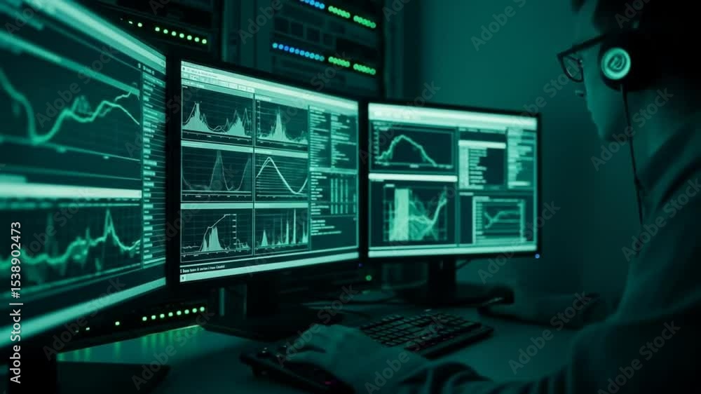 Poster young professional analyzing complex financial data on multiple computer screens in dimly lit office