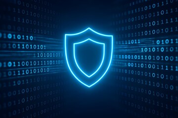 Digital Shield Icon Surrounded by Encrypted Data Streams in Dark Blue Cyber Environment Symbolizing Online Protection

