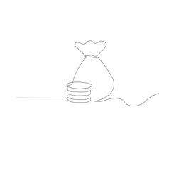 Continuous line drawing of money bag with dollar coins, white background money saving concept, business icon, one line object, single line art, hand drawn vector illustration