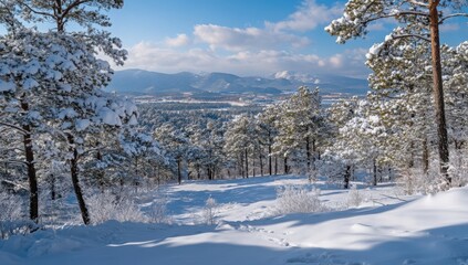 Winter Wonderland: A tranquil winter scene unfolds, where snow-laden trees frame a valley in the distance. The serene landscape captures the crisp, cold beauty of the season.