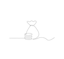 Continuous line drawing of money bag with dollar coins, white background money saving concept, business icon, one line object, single line art, hand drawn vector illustration