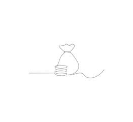 Continuous line drawing of money bag with dollar coins, white background money saving concept, business icon, one line object, single line art, hand drawn vector illustration