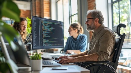 A senior developer in a wheelchair collaborating with junior engineers on software code in an open-plan tech office