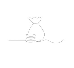 Continuous line drawing of money bag with dollar coins, white background money saving concept, business icon, one line object, single line art, hand drawn vector illustration