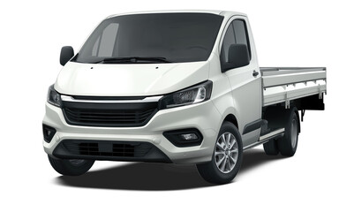 Modern fictional white compact dropside flatbed truck front left side corner angle view, isolated on white or transparent background
