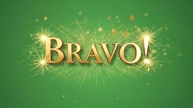 Elegant gold bravo text animation with sparkling fireworks and confetti celebration effects on green background