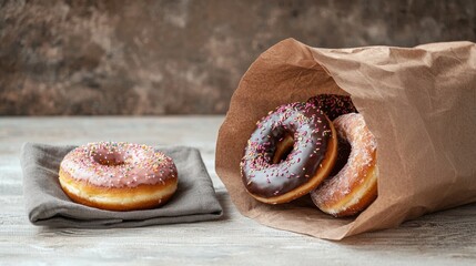 Minimalist presentation of donuts in a paper bag and on a napkin, representing sweet treats and a casual snack