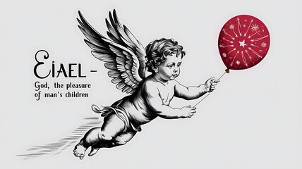 Angel Eiael – God the Pleasure of Mans Children  67th Kabbalistic Angel of Wisdom Transformation and Occult Knowledge Soaring with Grand Feathered Wings Holding a Radiant Red Jug of Divine Essence