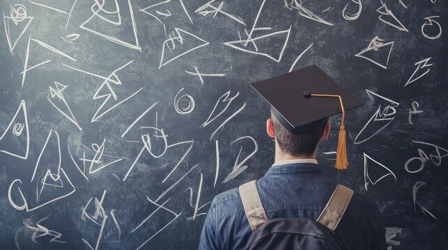 A young man wearing a graduation cap and gown, standing in front of a chalkboard with mathematical symbols and equations written on it.