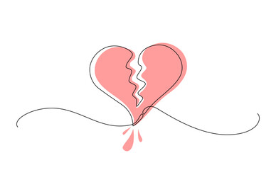 Minimalist continuous one line drawing of a broken heart with blood drops, expressing sadness and emotional pain., Vector Editable stroke