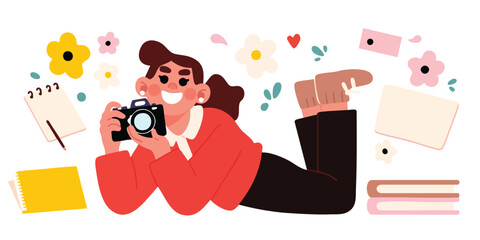 An enthusiastic photographer embraces her passion, camera in hand, surrounded by floral decorations and photography accessories, embodying artistic flair and creativity.