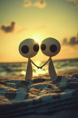 Two cartoon figures holding hands on a beach during sunset or sunrise.