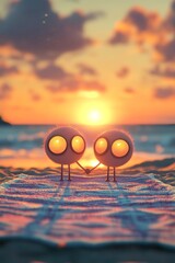 Two cartoon characters stand on a patterned surface with a sunset background.