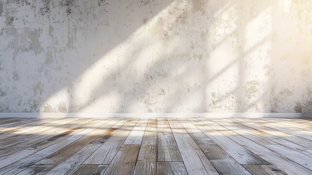 A concrete wall with sunlight streaming through a window, casting shadows on the floor.