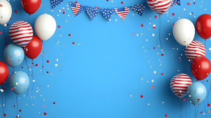 4th of July celebration banner, red white blue ribbon confetti, USA flag bunting and balloons, on blue background with copy space at center. 