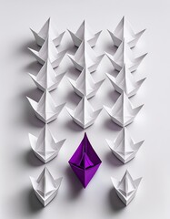 Unique Purple Paper Boat Leading White Paper Boats, Leadership and Innovation Concept, Stand Out, Different, Teamwork, Concept, Isolated on White Background