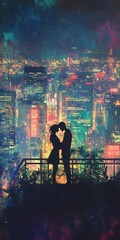 Silhouetted couple embraces against a backdrop of city lights at night.