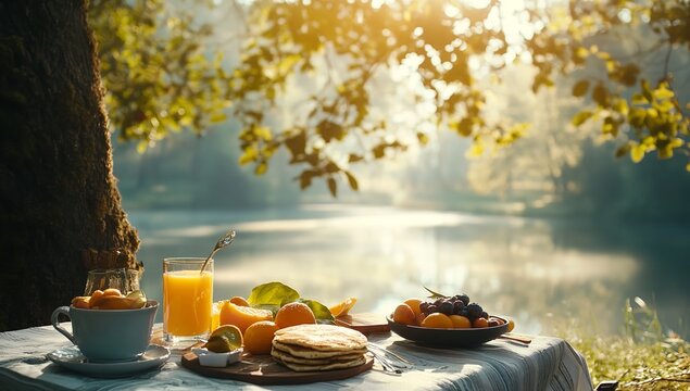 Lakeside Breakfast Scene with Pancakes, Fresh Fruit, and Juice Overlooking a Mountain Landscape with Blooming Flowers