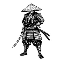 Obraz premium Traditional Japanese Samurai Warrior Full Body Shot Katana Black and White Outline Line Art Drawing