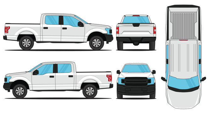 Car Vector Pickup F150 - Mockup car vector for branding on isolated white background. Side, Front, Rear, Top Views