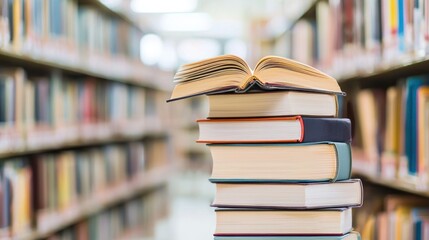 A stack of books in a library with a blurred background.