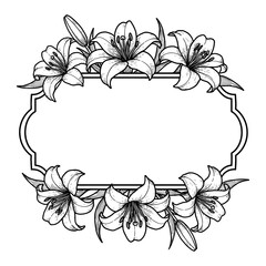 Elegant Lily Flower Ornamental Frame Blank Label with Floral Design Black and White Outline Line Art Drawing
