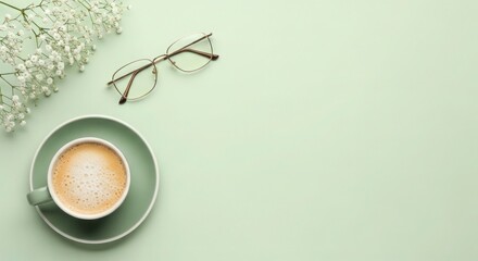 Flatlay Cappuccino Coffee Cup Green Saucer Glasses Baby Breath Flowers Pastel Green Background
