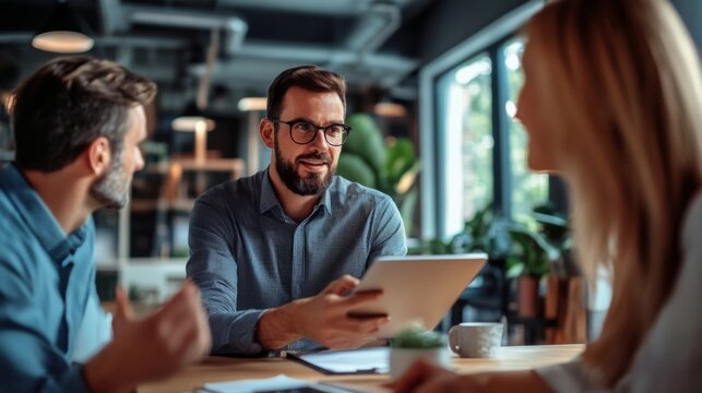 A tech consultant demonstrating a cloud-based platform to small business owners in a relaxed office environment