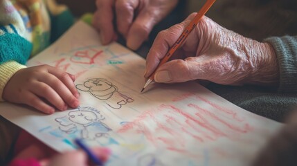 An older person drawing with a child on a piece of paper