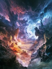 Dramatic colorful sky with swirling clouds and light abstract digital painting.