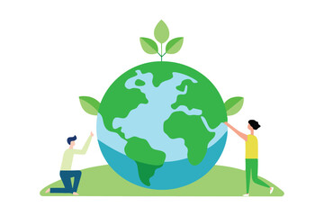 Eco-Friendly International Yoga Day Art – Green Earth, Tree Planting & Solar Panels Vector Illustration.