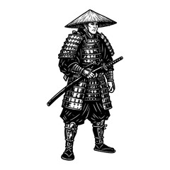 Fototapeta premium Traditional Japanese Samurai Full Body Shot in Armor Holding Katana Black and White Outline Line Art Drawing