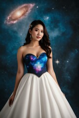 Beautiful Filipino gal wearing white themed dress with galactic design on a photography studio background