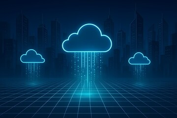 Cloud Icons Transferring Glowing Data Across Digital Grids with Futuristic Skyscrapers Background

