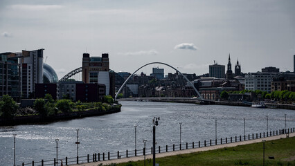 Newcastle upon Tyne cityscape featuring the iconic Millennium Bridge spanning the River Tyne