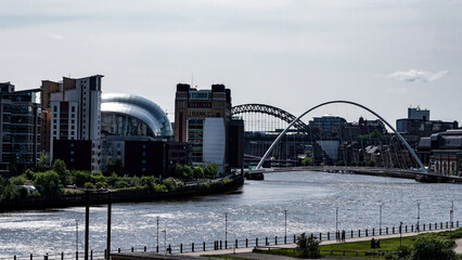 Modern and historical architecture blend seamlessly along the River Tyne in Newcastle, UK
