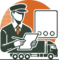 Logistics professional inspecting documents next to a truck with a cargo container