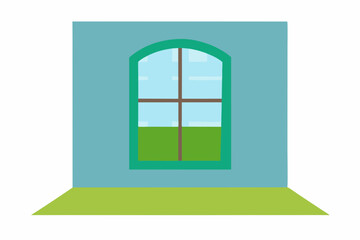 Simple arch window in teal room with green floor