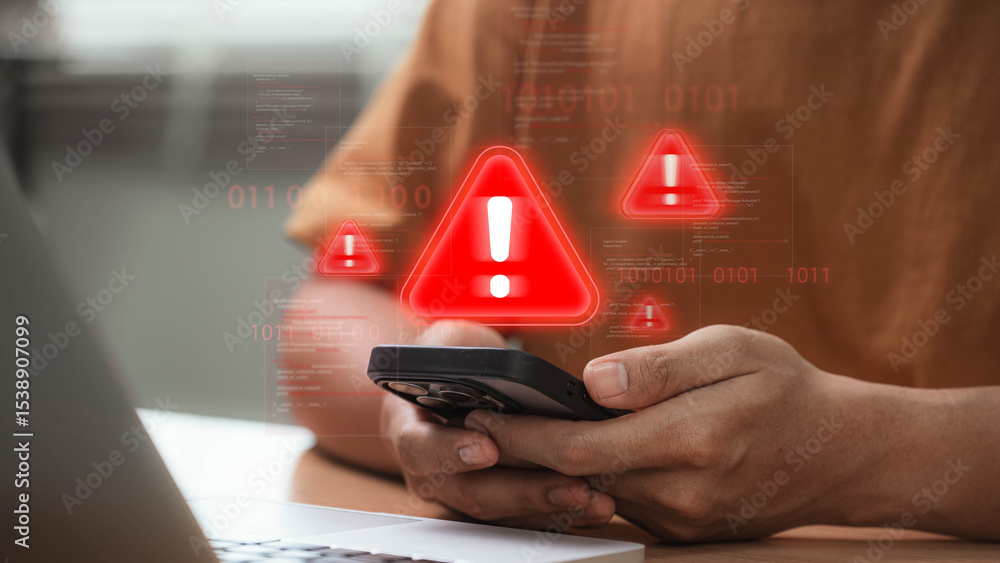Poster Cybersecurity threat warning on smartphone with red alert icon signaling hacking attempt, virus infiltration, and data breach while user checks phone at home, showing mobile cyberattack risk