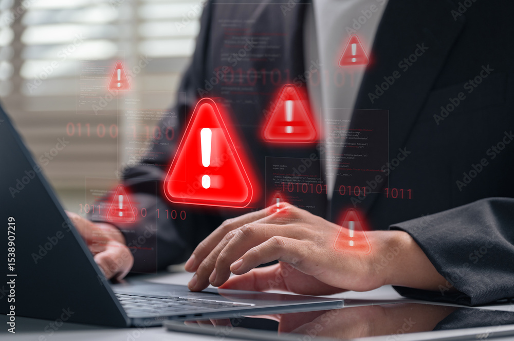 Poster cybersecurity alert warning displayed on laptop screen while businessman types during work. corporat
