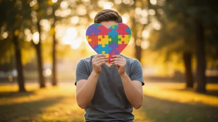 Young man standing in a park with sunlight bokeh, representing autism awareness and inclusion concept, footage. - Powered by Adobe
