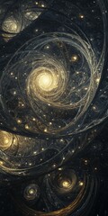 Swirling galaxy illustration with stars and cosmic dust against a dark background.