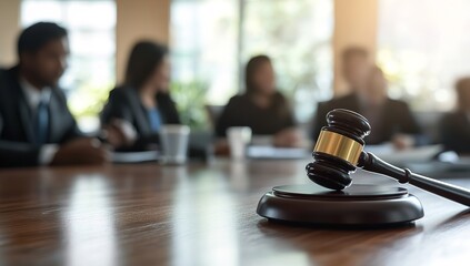 Law Firm Meeting Scene with Gavel on Table and Blurred Team in Background Around Conference Desk — Legal Concept for Justice and Decision Making